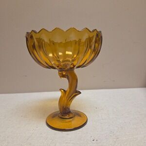 Vintage Amber‎ Glass Compote Dish Pedestal Scalloped Rim Candy Bowl